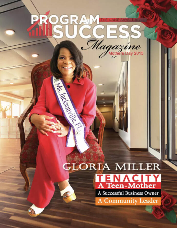 Program Success Magazine Cover Mother's Day 2015 with Gloria Miller wearing a red suit and sitting in a wingback chair.