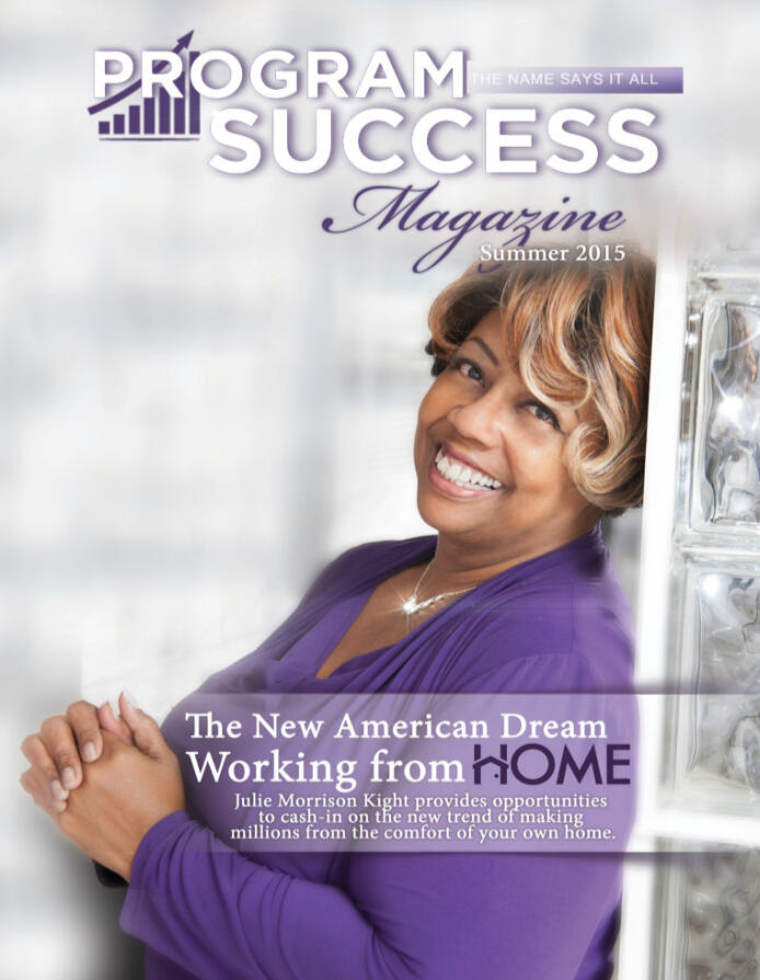 Program Success Magazine cover with Julie Morrison Knight wearing a purple shirt, in front of a paned glass window.