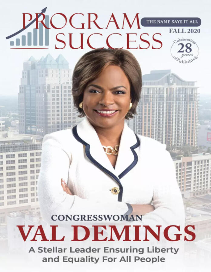 Program Success Magazine Cover for Fall 2020 features an image of Congresswoman Val Demmings wearing a white suit with blue edging