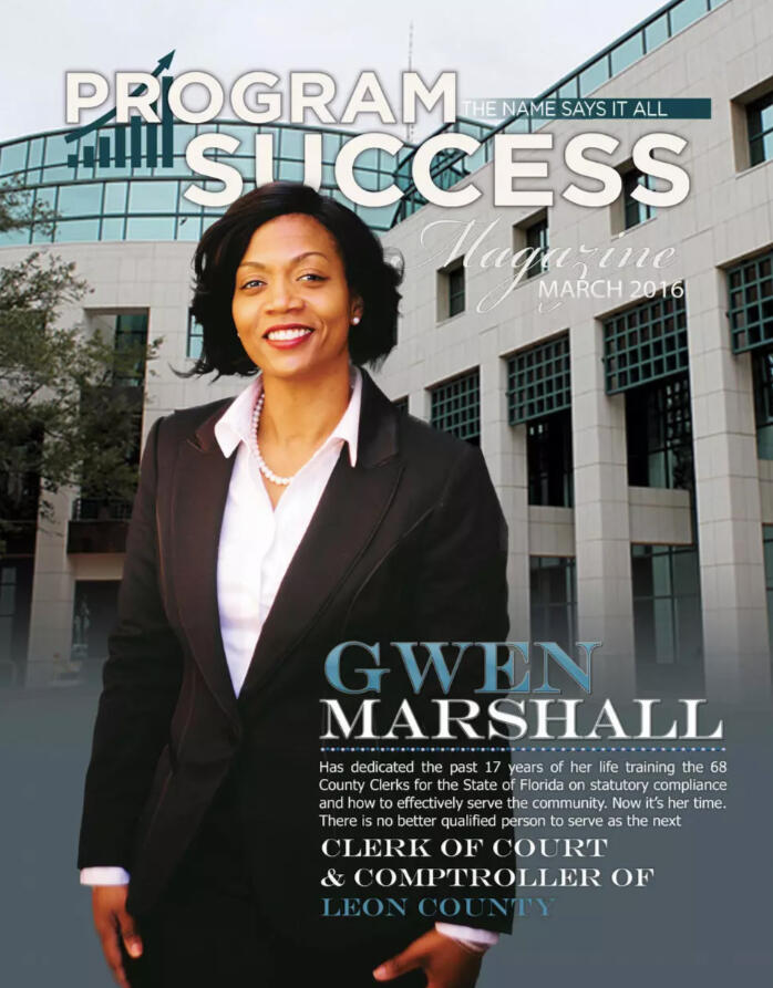 Program Success Magazine cover with a photo of Gwen Marshall wearing a black suit with a white shirt standing outside an office building.