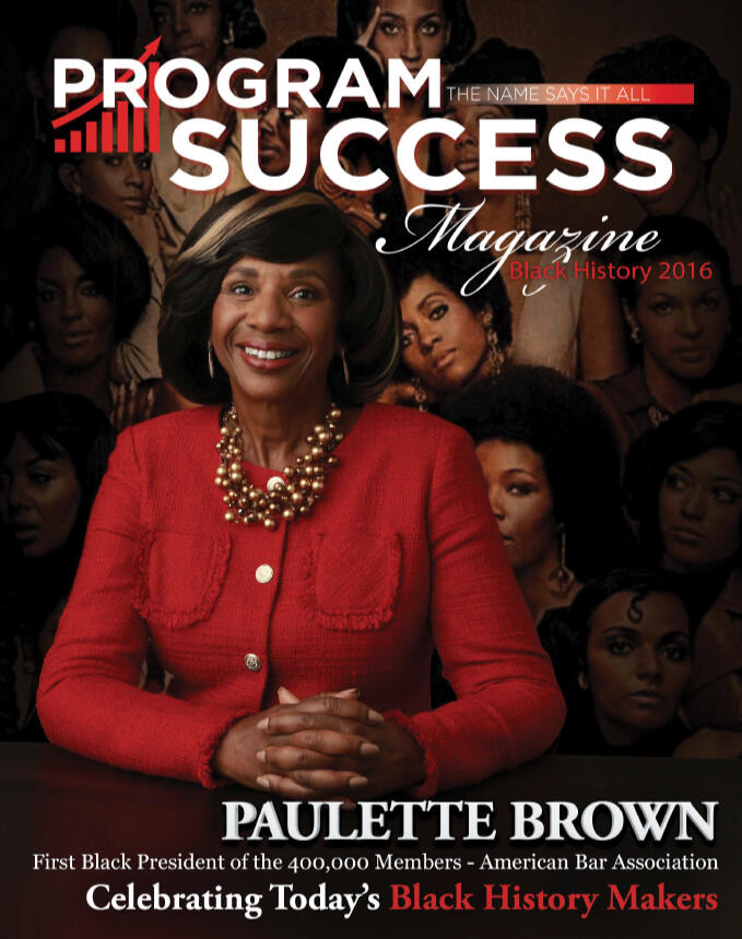 Program Success Magazine cover with Paulette Brown wearing a red suit on a dark decorative background