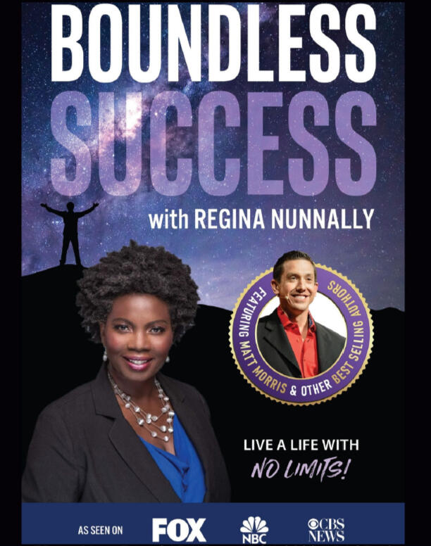 Boundless Success Book cover by Regina Nunnally, the image contains a head of Regina with a decorative background and an image of Matt Morris