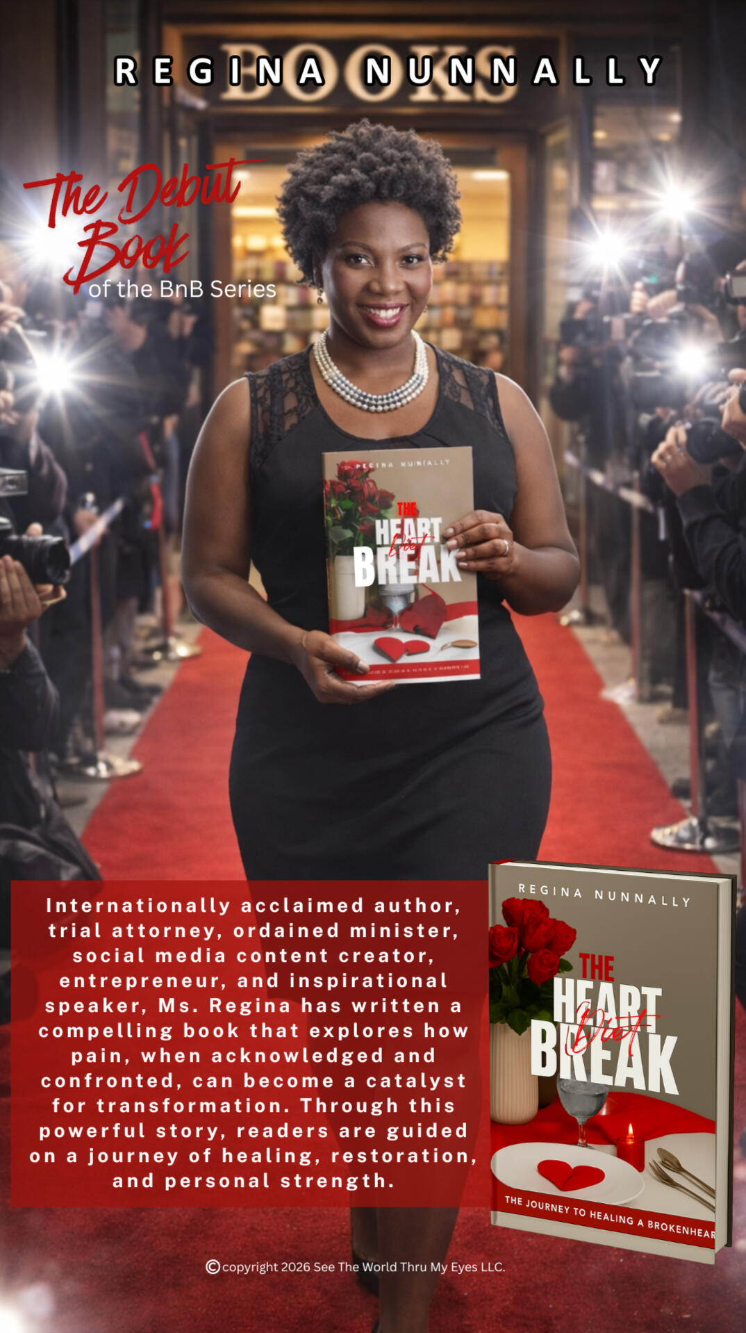 The Heart Break Diet Flyer, Regina, wearing a black evening dress, walking along a red carpet, holding her new book "The Heart Break Diet" in front of her.